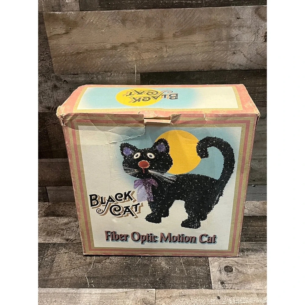 Vintage Black Cat Fiber Optic Motion Cat Halloween Animated Decor with Box
